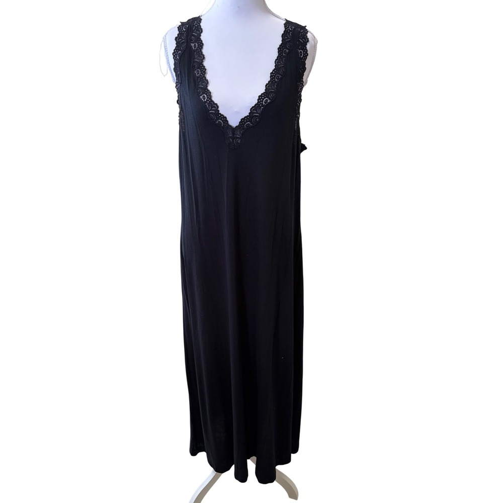 Vintage I. Magnin Womens Black Lace Trim Sexy Maxi Nightgown L Soft goth cotton
